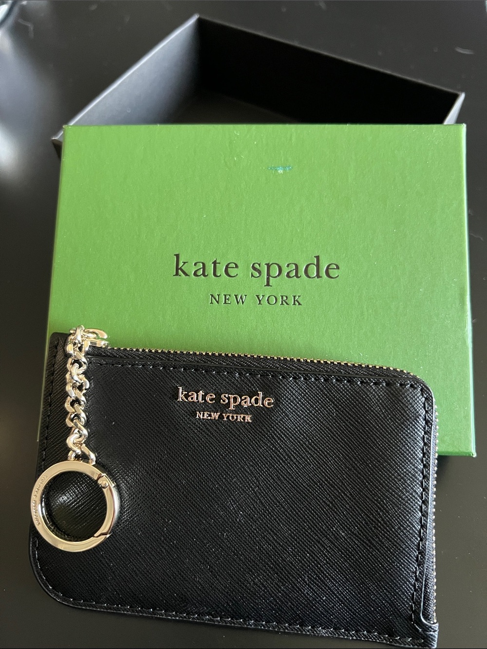 kate spade Black Leather Zip Card Case with Gold Chain in box